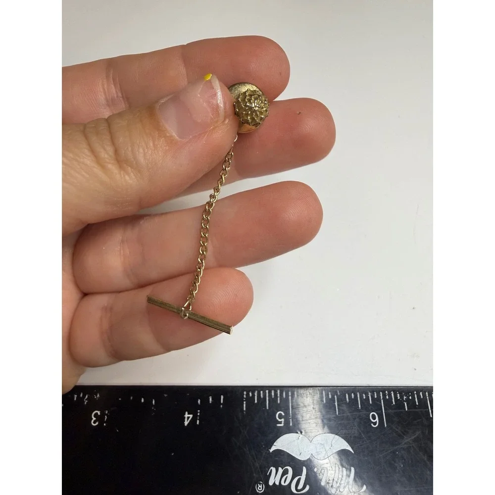 Vintage Gold Tone Textured Nugget Tie Tack with Safety Chain and T-Bar
